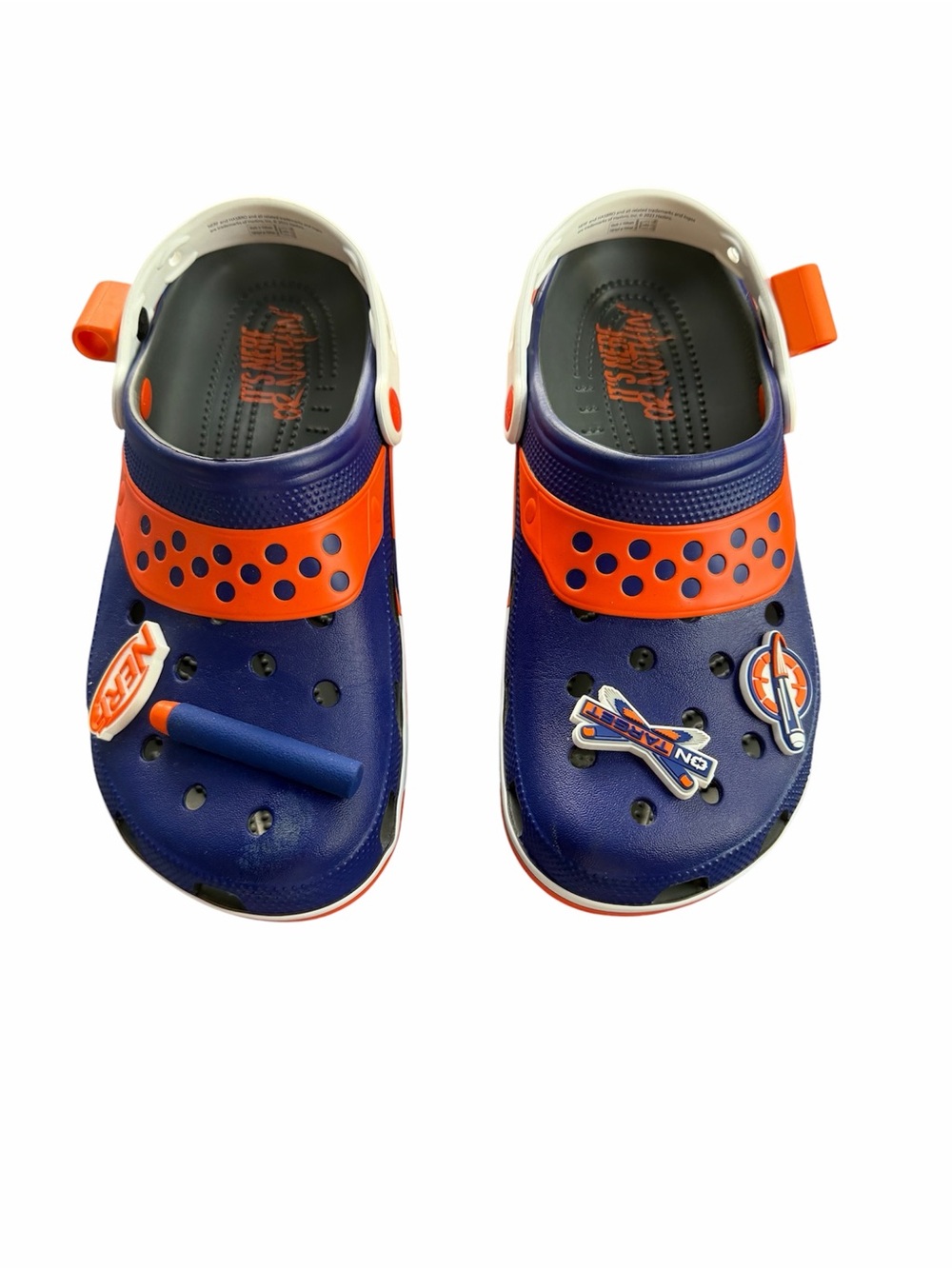 Crocs Classic Nerf Clogs Shoes Mens Size 9 Womens 11 Blue Orange Charms Jibbitz